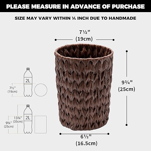 GRANNY SAYS Small Wicker Trash Can, 2 Gallon Bathroom Waste Basket, Small Bathroom Garbage Can, Plastic Trash Basket for Decor, Round Wastebaskets for Office, Bedroom, Cabinet, Brown