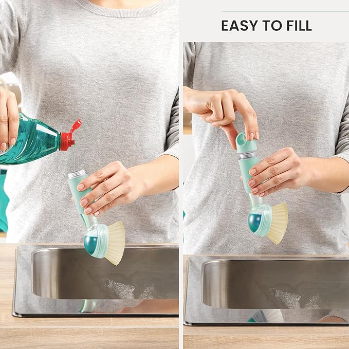 Vigar Rengo Soap Dispensing Dish Brush, Dish Brush with Soap Dispenser for Pot Scrubber, Dishes, Sink Cleaner, and Kitchen Essentials, Turquoise