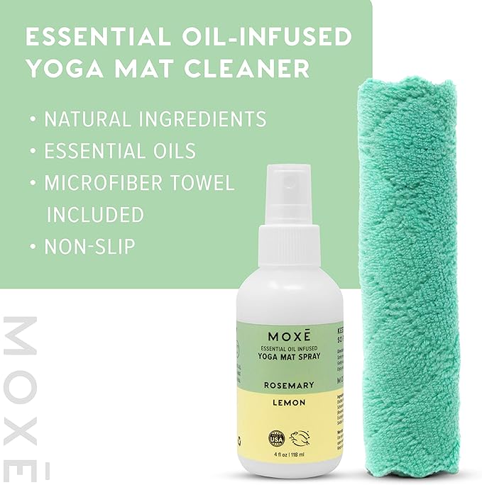MOXE Yoga Mat Cleaner Spray, Rosemary & Lemon Essential Oil, Safe for All Mats & Exercise Equipment, Odor & Sweat Protection, Includes Microfiber Cleaning Towel, Green America Certified, 4 Oz (2 Pack)