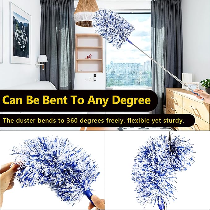Extendable 20-49inches Microfiber Feather Duster with 3pcs Replaceable Bendable Heads, Extra Long Duster for Cleaning, Electrostatic Dust Remove for Ceiling, Fan, Window, Bookshelves (Navy Blue)