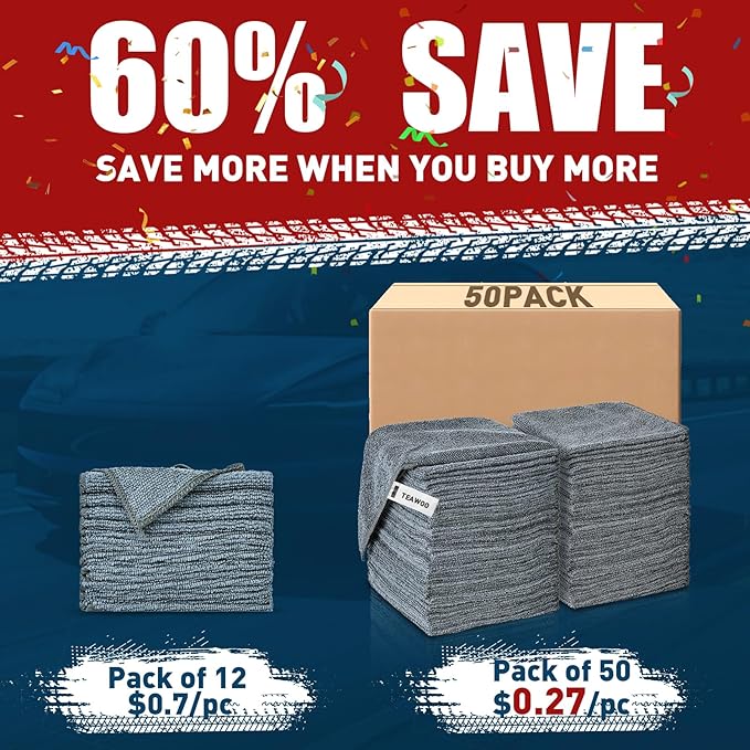 Microfiber Cleaning Cloths Bulk-50 Pack, Gray Microfiber Towels for Cars, Ultra Absorbent Microfiber Towel Weave Grime & Liquid for Streak-Free Mirror Shine - Car Washing Cloth, 12x12 inches