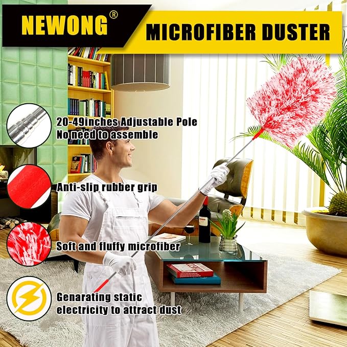 Extendable 20-49inches Microfiber Feather Duster with 3pcs Replaceable Bendable Heads, Extra Long Duster for Cleaning, Electrostatic Dust Remove for Ceiling, Fan, Window, Bookshelves (Red)