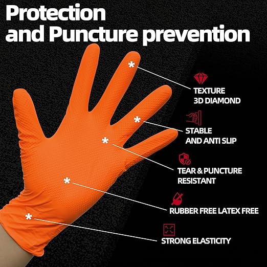 Jointown Basic Heavy Duty Nitrile Gloves, Mechanic Gloves 8 Mil Nitrile Disposable, with Raised Diamond Texture, Case of 1000, Orange, Medium