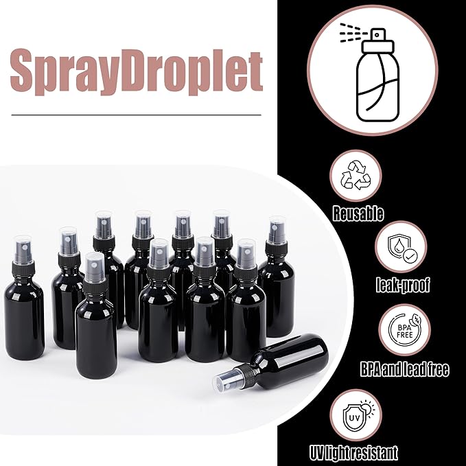 2 oz Glass Spray Bottles, Reusable Fine Mist Sprayer Small Spray Bottle, Leak-Proof Design, Perfect for Travel, Skin Care, Perfumes, Botanical, Cleansing (Black, 2oz-12pcs)