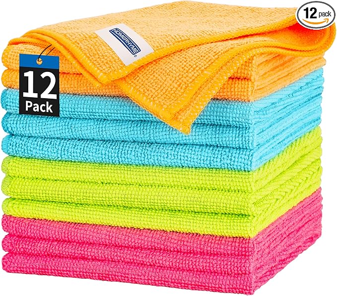 HOMERHYME Microfiber Cleaning Cloth, 12 Pack Cleaning Rags, 12" x 12" Microfiber Towel, Lint Free Non-Abrasive Dusting Cloth, Microfiber Towels for Cars Kitchen Garage House Office