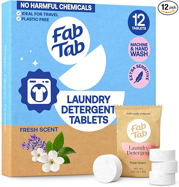 Fab Tab Laundry Detergent Tablets, Plant-Based Formula, Removes Tough Stains, Plastic-Free Alternative to Pods, All Washing Machines (12 Count, Floral)