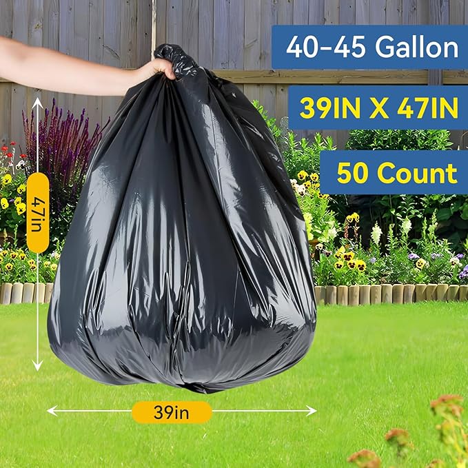 40-45 Gallon Trash Bags,Large Black Trash Bags,Heavy Duty Plastic Garbage Bags for Household Office Restaurant (Black, 50 Count(39 x 47"))