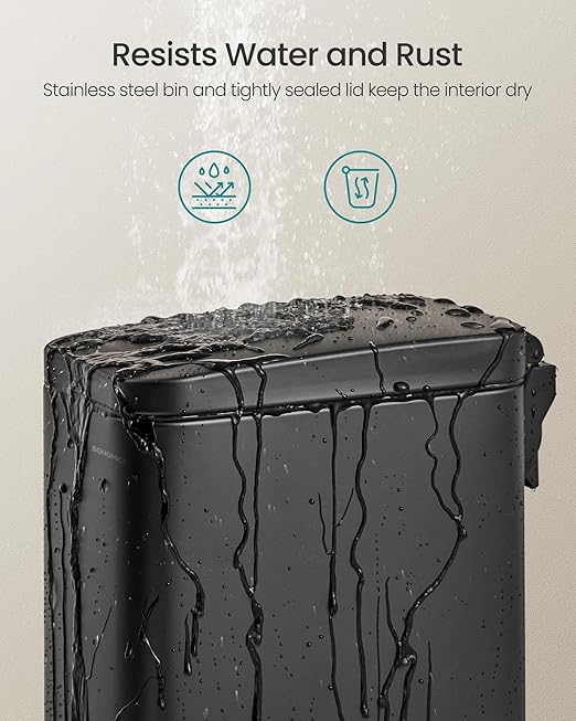 SONGMICS Bathroom Trash Can, 2.6 Gallon (10 L) Small Trash Bin with Lid, Slim for Small Spaces, Stainless Steel Garbage Can, Soft Close, Black ULTB561B10