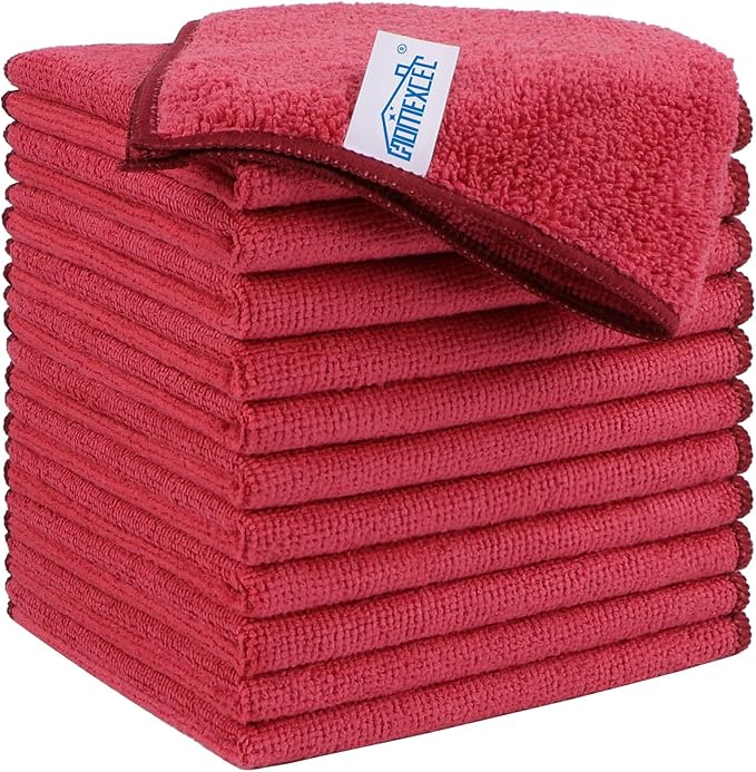 HOMEXCEL Red Microfiber Cleaning Cloth, 12 Pack Premium Microfiber Towels for Cars, Lint Free, Scratch-Free, Highly Absorbent, Reusable Cleaning Rags for Car, Household, Kitchen, Window, 11.5"X11.5"
