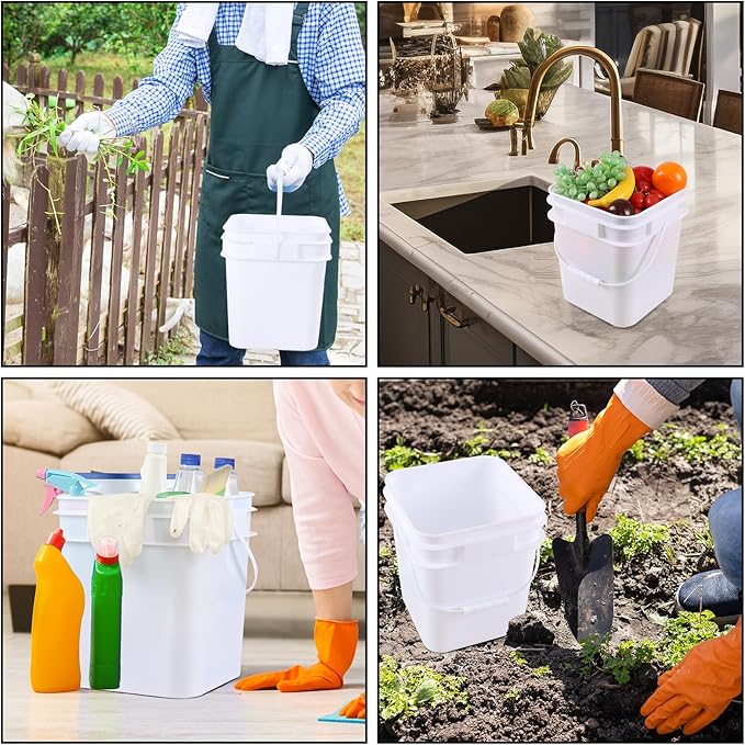 4 Pcs 3 Gallon Plastic Square Bucket Pail Container with Lid, White Bucket Food Grade Square Bucket with Plastic Handle