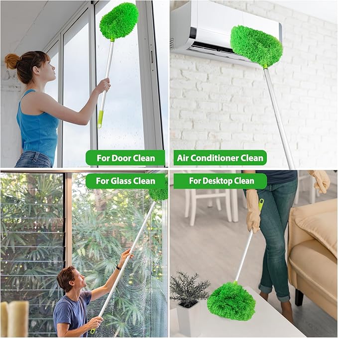 Ceiling Fan Cleaner Duster High Ceiling Extended Fan Blade Cleaner from 13 to 50 Inch Reusable Microfiber Ceiling Fan Duster with Extension Handle for Furniture Bookshelves Wall Door (Green)