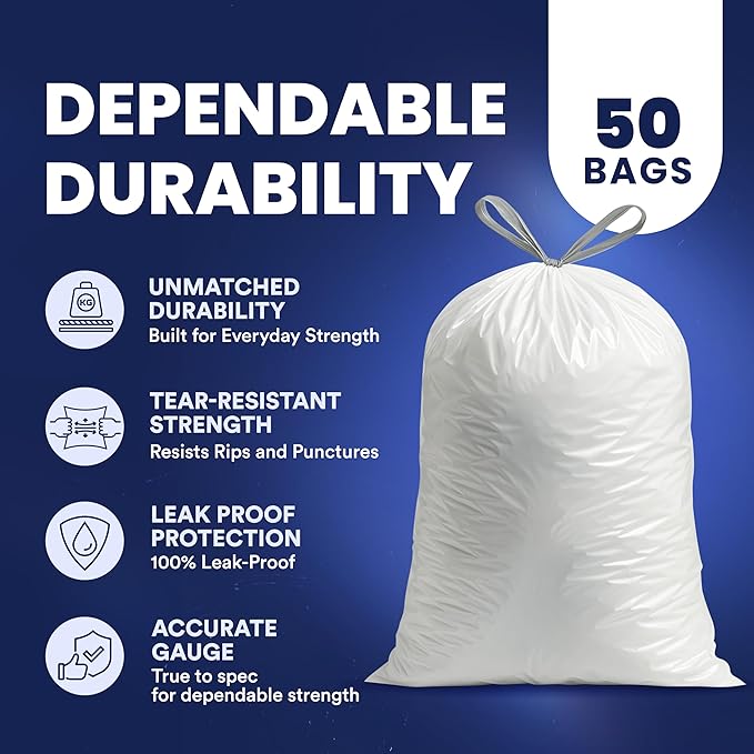 Plasticplace 13 Gallon Trash Bags │ 1.2 Mil │ White Extra-Large Drawstring Garbage Can Liners │ 24" x 31" (50 Case)
