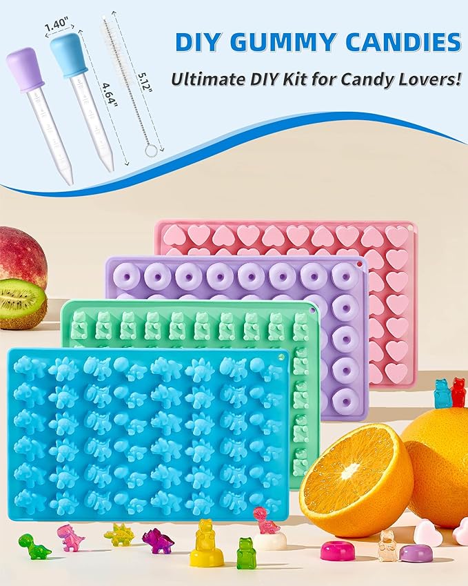 Silicone Gummy Molds Set of 4, Non-stick Candy Chocolate Molds with 2 Droppers 1 Clean Brush, Includes Dinosaur Bear Donut Heart Shape