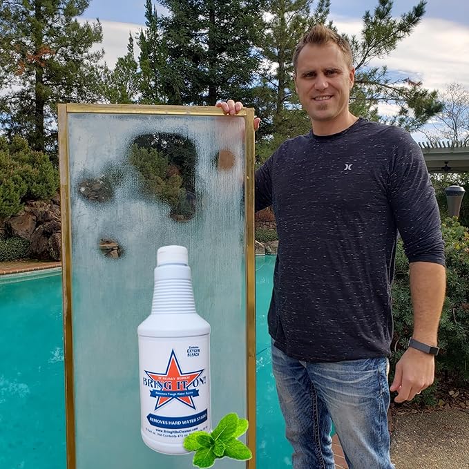 Bring It On Cleaner Hard Water Stain Remover for Glass, Soap Scum remover for Shower glass, Fiberglass, Windows, Tile and Grout Cleaner, Water Spot Remover for Glass Includes Scrubbing Drill Pads