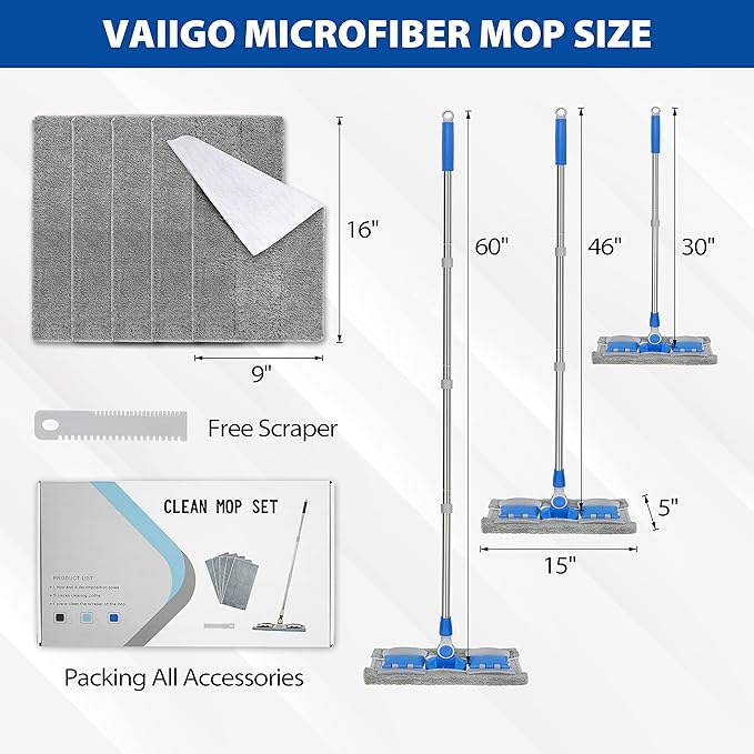 Professional Microfiber Hardwood Floor Mop, Flat Mops with 5 Pieces Reusable Washable Pads for Home and Office Wet or Dry Floor Cleaning (Sky Blue)