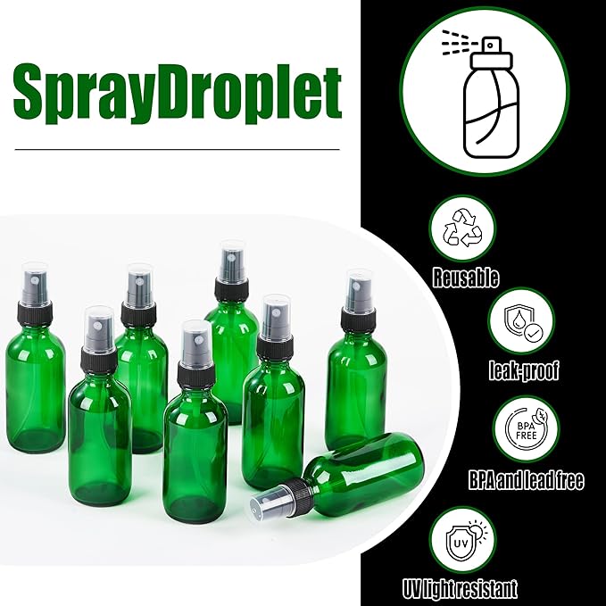 2 oz Glass Spray Bottles, Reusable Fine Mist Sprayer Small Spray Bottle, Leak-Proof Design, Perfect for Travel, Skin Care, Perfumes, Botanical, Cleansing (Green, 2oz-48pcs)