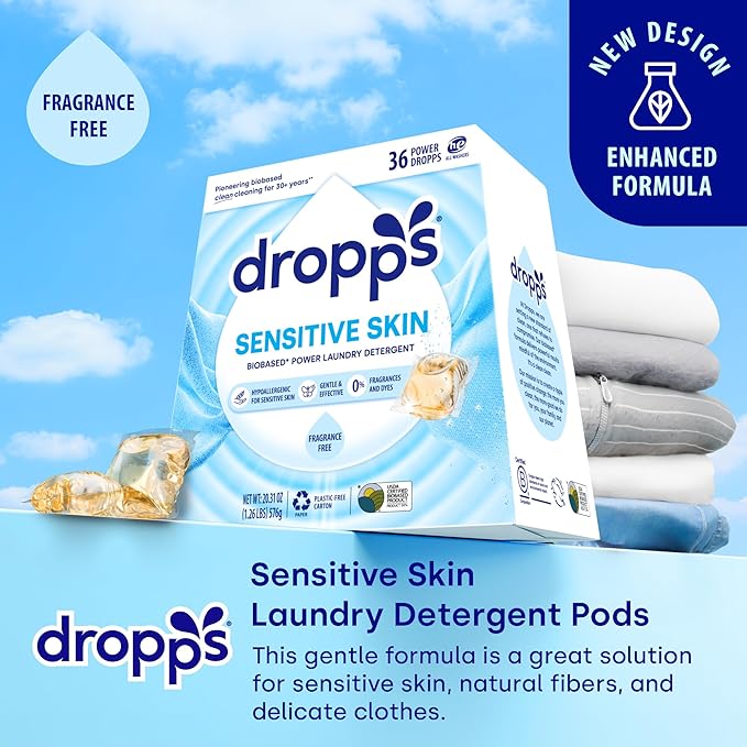 Dropps Sensitive Skin Laundry Detergent Pods, Unscented (36 Count) - Dermatologist Tested Laundry Pods - HE Compatible Laundry Supplies for Clean Clothes, Vegan & Dye-Free