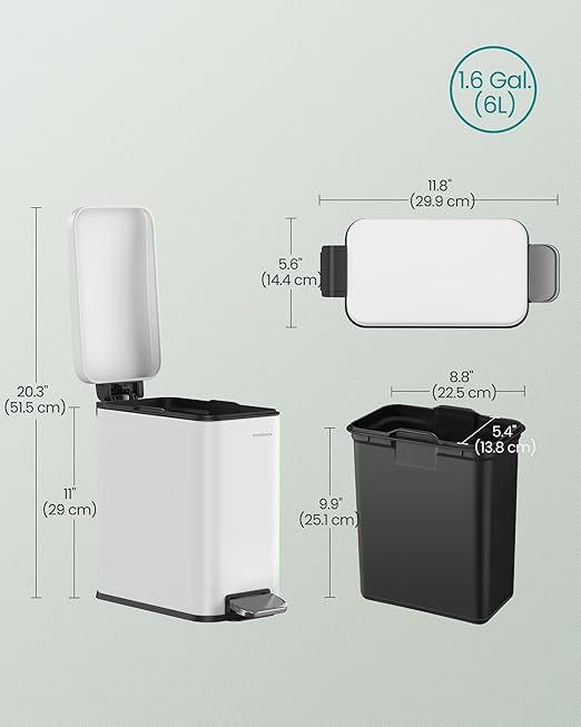 SONGMICS Bathroom Trash Can, 1.3 Gallon (5 L) Small Trash Bin with Lid, Slim for Small Spaces, Stainless Steel Garbage Can, Soft Close, White ULTB560W05