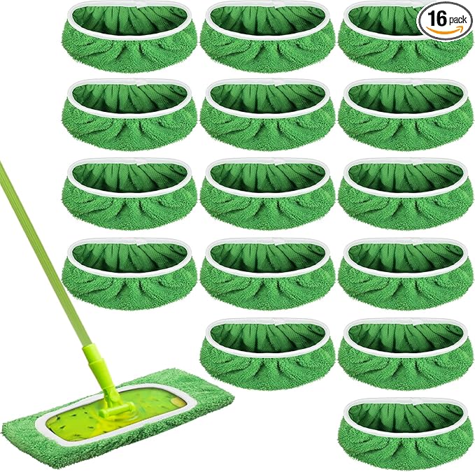 Nuogo 16 Packs Reusable Wet Mop Pads Refills Compatible with Swiffer Sweeper Mops Household Cleaning Tools for Wet & Dry Use(Green)