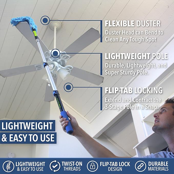 EVERSPROUT 1.5-to-3 Ft Duster 3-Pack with Extension-Pole (8-10 Ft Standing Reach) | Hand-Packaged Cobweb Duster, Microfiber Feather Duster, Flexible Microfiber for Ceiling & Fan | Telescopic Pole