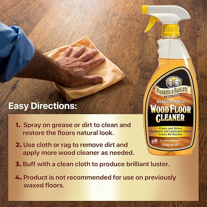 Parker & Bailey Wood Floor Cleaner – Use on Hardwood, Laminated or Faux Finished Floors. Shine Restorer Protector, Surface Cleaner Supplies Home Improvement, Natural Look, Cuts Grease 22 Oz