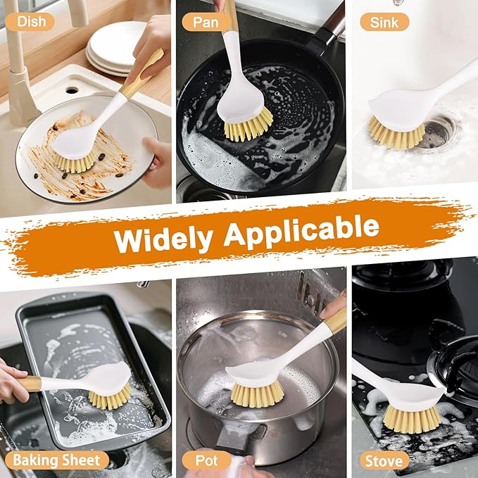 Dish Brush, Large Scrub Brush with Bamboo Handle Kitchen Brushes Built-in Scraper for Cleaning Pot, Sink, Stove Skillet, Pans and Grill Pan - 2 Pack