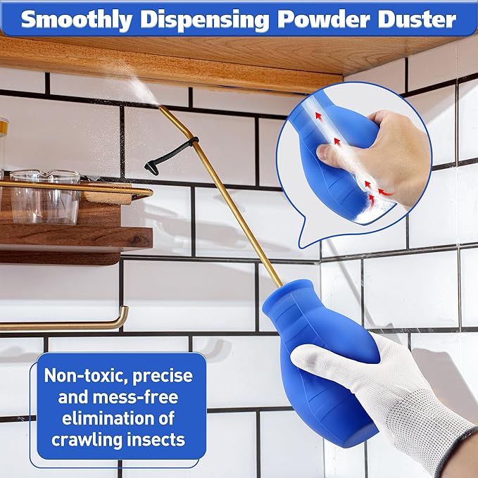 Qualirey Diatomaceous Earth Powder Duster, Blue, 16 oz, 9" Long Metal Tube, Bulb Duster Sprayer for Organic Gardening & Pest Control