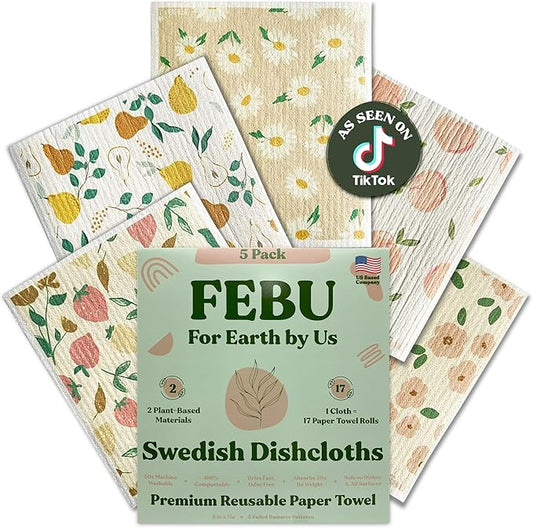 FEBU Swedish Dishcloths for Kitchen | 5 Pack Faded Summer Reusable Paper Towels Washable | Swedish Dish Towels | Non-Scratch Cellulose Sponge Cloths | No Odor, Biodegradable Cleaning Cloths