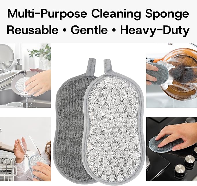 Multi-Purpose Scrub Kitchen Sponges – 12 Pack Dish Sponge, Dual-Sided Non-Scratch Microfiber & Metal Scrubber, Reusable Heavy Duty Sponges for Dishes, Pots, Glass, Sink, Stovetop & Bathroom