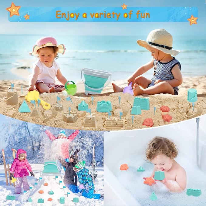 Beach Toys Sand Set for Kids, Collapsible Bucket and Shovels with Mesh Bag, Molds, Flags, Sandbox Kids Toddlers, Travel (Tavel Size)