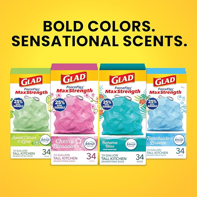 Glad Tall Kitchen Trash Bags 13 Gallon, MaxStrength Cherry Blossom Garbage Bags, Odorshield with Drawstring, 34 Count