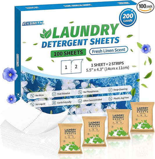 FIXSMITH Laundry Detergent Sheets - 200 Loads (100 Sheets) Fresh Linen Scent - Hypoallergenic,Eco Friendly Laundry Detergent Strips Ultra-Concentrated Travel Detergent Sheets.Plastic-Free,Liquidless