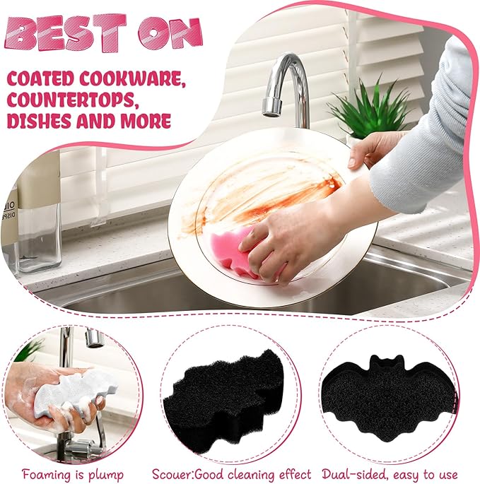 Tioncy 12 Pack Bat Kitchen Sponges Bulk Dual Sided Scrubber Sponges Dishwashing Non Scratch for Bat Kitchen Accessories Dish Scouring Black, White, Pink