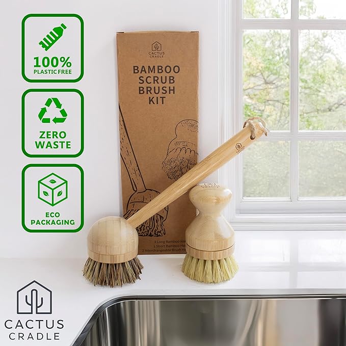 Cactus Cradle Bamboo Scrub Brush Kit – 4-Piece Dish Brush Set with 2 Handles & 2 Interchangeable Heads | Plastic-Free, Non-Toxic, Non-Scratch Cleaning for Dishes, Pots, Pans & Produce