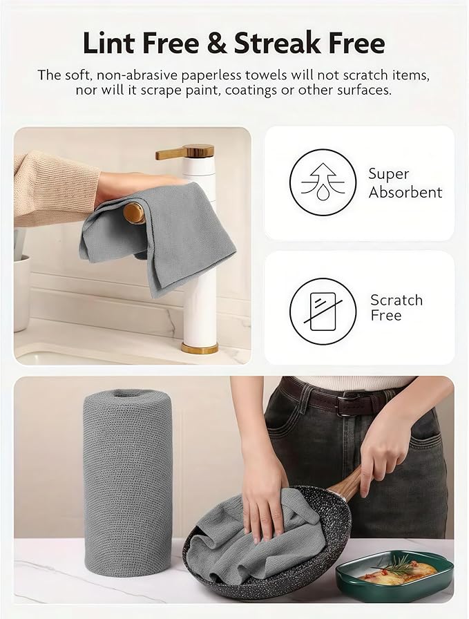 MRIGHT Gray Microfiber Cleaning Cloths Roll, 12x12 Inch, 60 Sheets-2 Rolls, Reusable, Machine Washable, Super Absorbent, Lint Free, Tear Away Design (1)