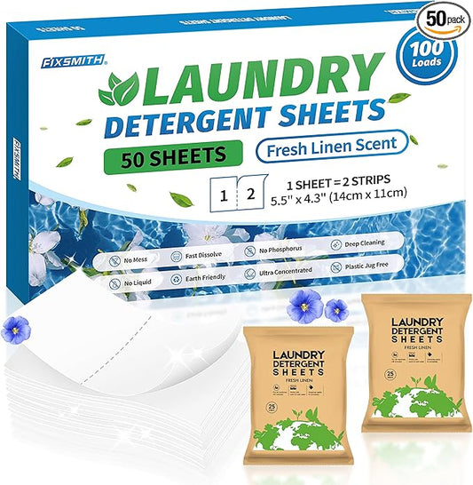 FIXSMITH Laundry Detergent Sheets - 100 Loads (50 Sheets) Fresh Linen Scent - Hypoallergenic, Laundry Detergent Strips Ultra-Concentrated Travel Detergent Sheets.Plastic-Free,Liquidless.