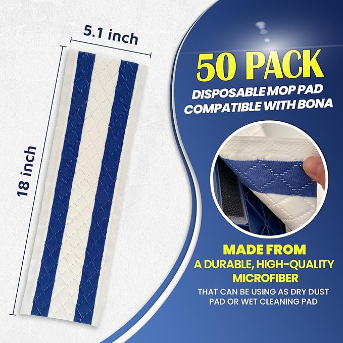Microfiber Disposable Mop Pad for All 16-18'' Hook & Loop System Mop, Wet Dry Cleaning Pad Compatible with Bona,Rubbermaid,Turbo,Norwex (50 Pack)