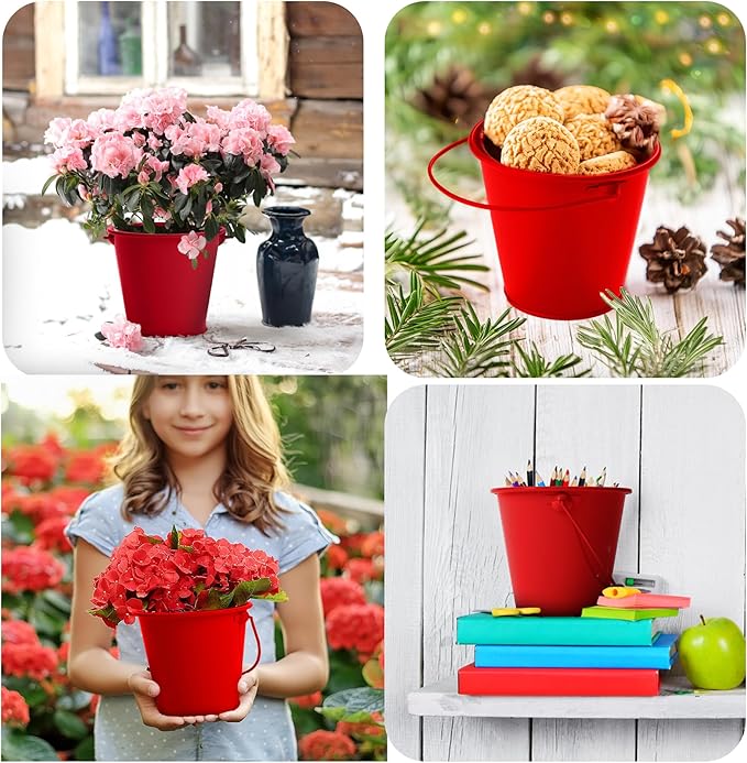 Small Metal Buckets with Handle 6 Pcs – Galvanized Bucket Leak Proof & Rust Resistant 48 fl oz Capacity - Best for Party Décor, Christmas & Decorating Classrooms (Red, Large 6.3" Top)