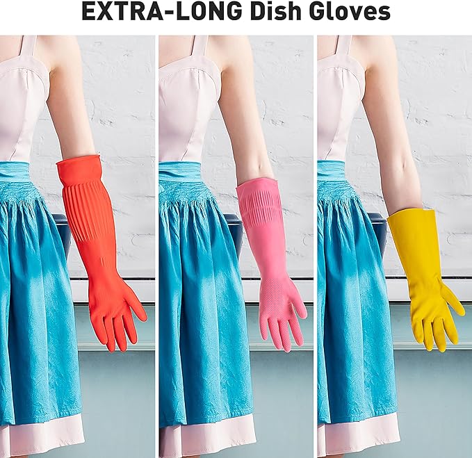ThxToms Rubber Dishwashing Cleaning Gloves (2-Pair) - Fleece Lined, Reusable, Waterproof with Extra-Long Cuff & Anti-Slip Design for Household & Kitchen Use - Large
