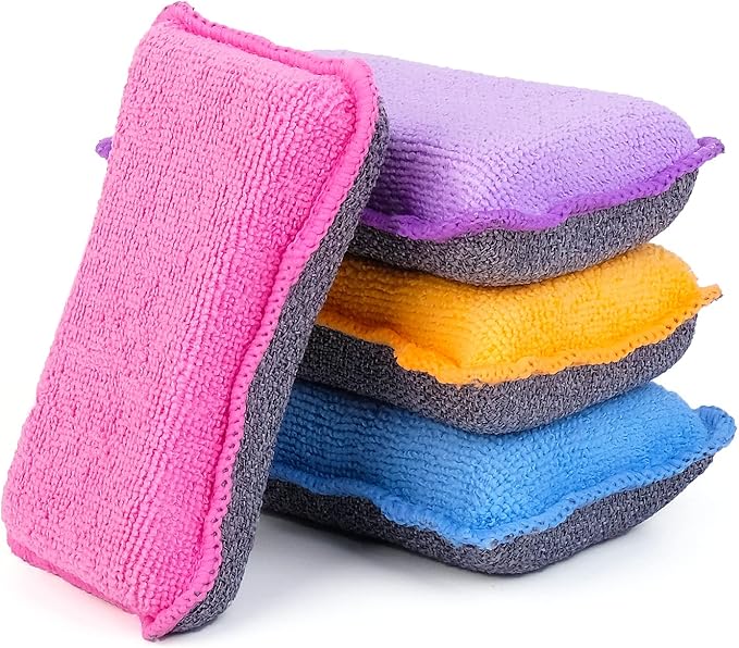UPSTAR Kitchen Sponges for Dishes, Microfiber Cleaning Scrubber, Non-Scratch Scrubbies for Dishwashing and Bathroom, Size L Pack of 4
