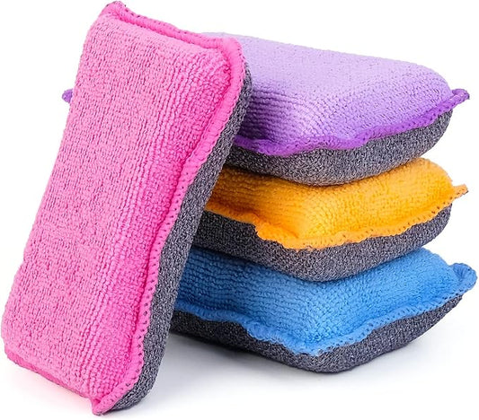 UPSTAR Kitchen Sponges for Dishes, Microfiber Cleaning Scrubber, Non-Scratch Scrubbies for Dishwashing and Bathroom, Size L Pack of 4
