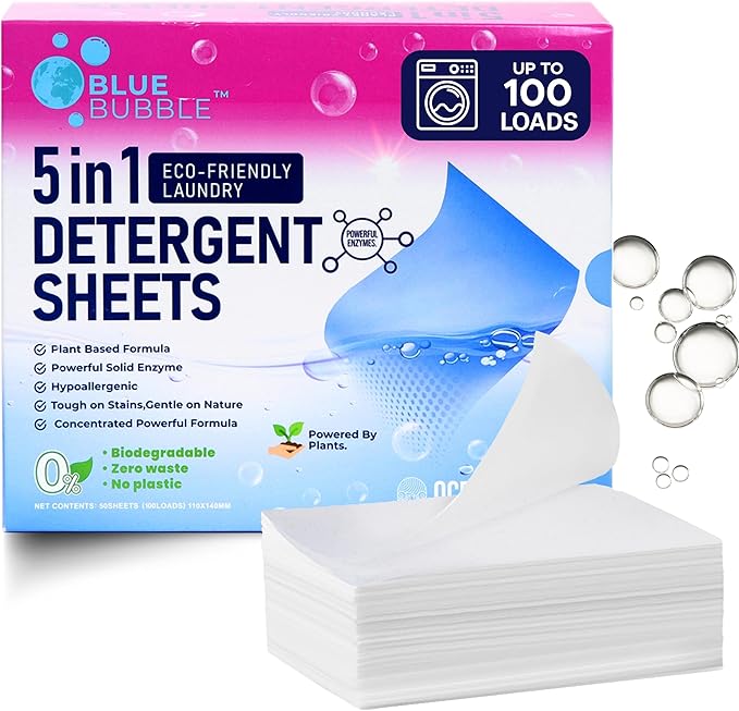 Laundry Detergent Sheets,Travel Laundry Sheet No Chemical Natural Eco Friendly Detergent, Dissolvable for sink wash Fresh &Clean Clothes, Liquidless Laundry Soap Up to 100 Loads By Blue Bubble