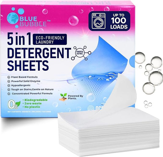 Laundry Detergent Sheets,Travel Laundry Sheet No Chemical Natural Eco Friendly Detergent, Dissolvable for sink wash Fresh &Clean Clothes, Liquidless Laundry Soap Up to 100 Loads By Blue Bubble