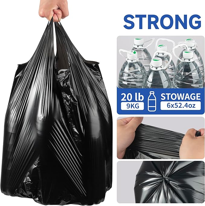 Small Trash Bags with Handles 4 Gallon 50 Count Black - Ocean Plastic Upcycling - Plastic Garbage Bags, Can Bin & Waste Basket Liner for Kitchen, Bathroom, Office and Pets