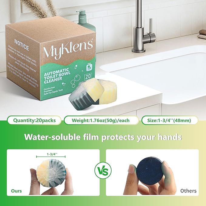 Toilet Bowl Cleaner Tablets, Automatic Toilet Bowl Cleaners, Long-Lasting Toilet Tabs Drop in Tank for Deodorizing & Descaling, Green & Yellow, 20 Packs