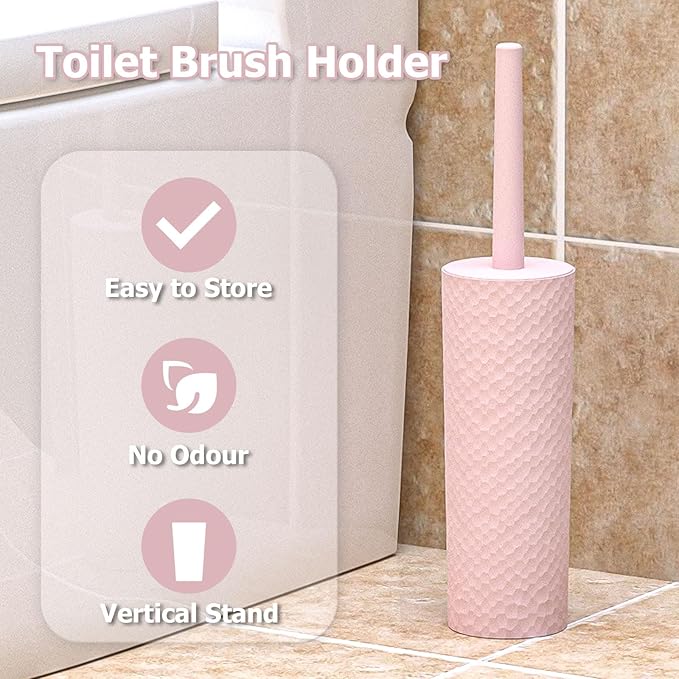 Topsky 2 Pack Compact Toilet Brush & Holder Set, Plastic Round Barrel Loo Brush with 2 Replacement Toilet Brush Head, Durable for Bathroom Toilet, Pink