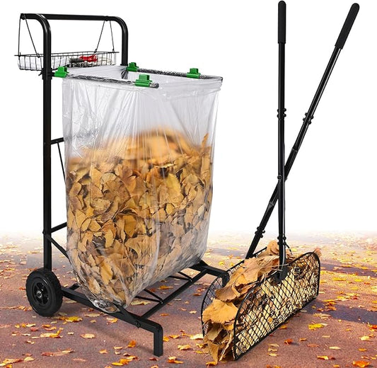 CAROD Mobile Trash Bag Holder with Storage Basket and Ergonomic Handle, Convenient Leaf Bag Cart with Leaves Grabber Rake Combo, Suitable for Leaves, Weeding, Camping, Party
