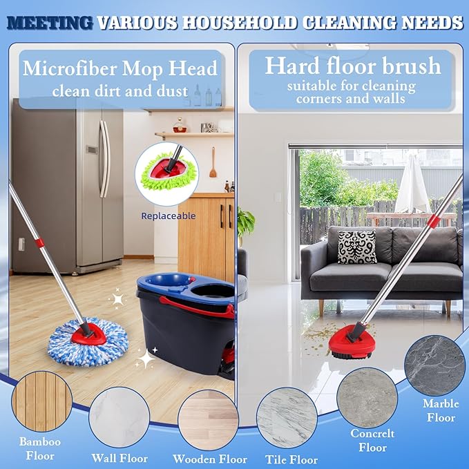6 Pack Spin Mop Replacements Head Compatible for Oceda RinseClean 2-Tank System,Microfiber Spin Mop Refills Head,2 Mop Scrub Brush + 1 Mop Base + 6 Pack Cleaning Floor Mop Head