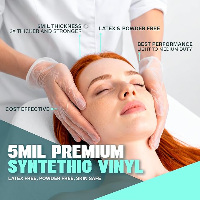 Medical Clear Vinyl Gloves Powder Free & Latex Free, Disposable, Food Safe