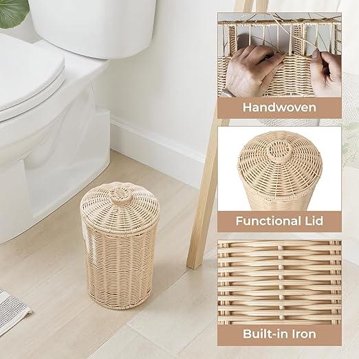 GRANNY SAYS Wicker Small Bathroom Trash Can with Lid, 2 Gallon Cute Decorative Waste Basket for Bedroom and Dorm, Office Garbage Cans for Under Desk, Mini Round Trash Bin for Decor, Off White